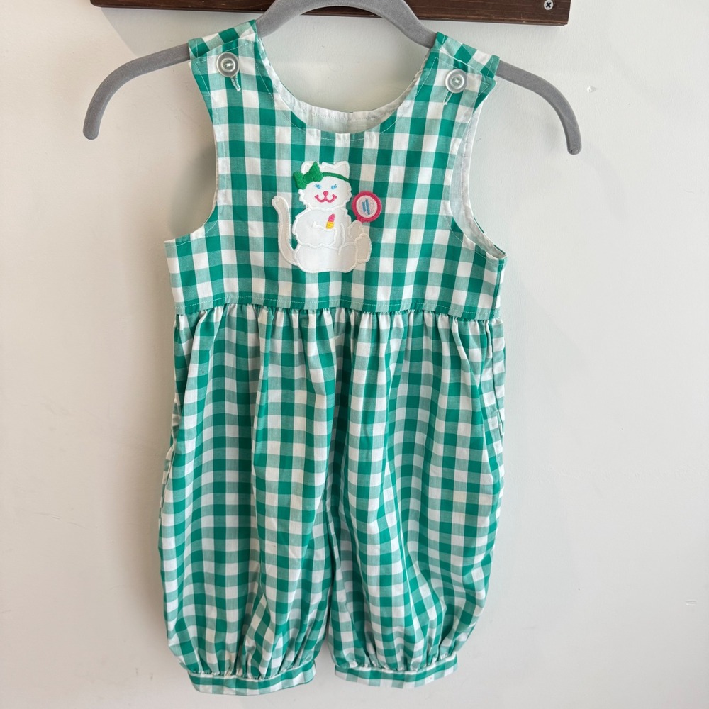 Kellys Kids Vintage Green Gingham Cat Embroidered‎ Romper Bubble Sunsuit 4T USA